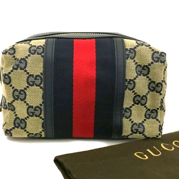 GUCCI WEBBING GG LOGO CANVAS LEATHER COSMETIC POUCH/1A6172 - Picture 2 of 13